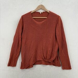 Eileen Fisher Sweater Womens XS Orange 100% Organic Linen Crew Neck Ruched Hem